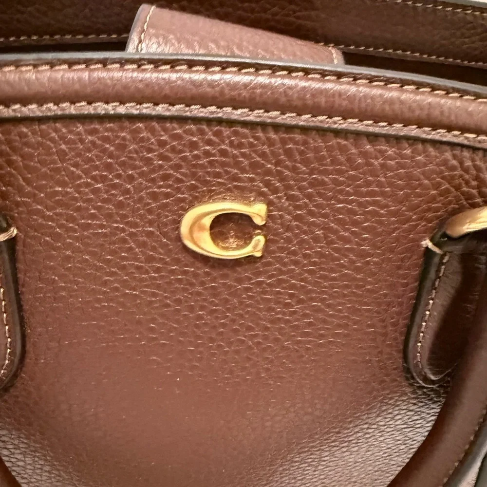 Coach Dark Brown Pebbled Leather Satchel with Gold Accent